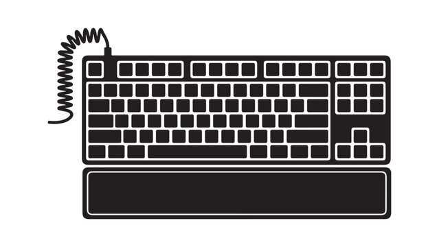 Mechanical keyboard vector icon with ergonomic design coiled cable and wrist rest featuring rectangular key layout in black minimalist silhouette style for technology and gaming illustrations