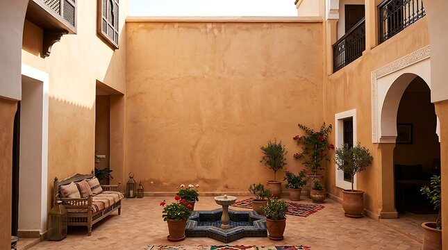 Traditional moroccan riad courtyard with central fountain middle eastern courtyard fountain architecture