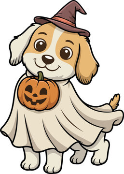  Cute Dog Ghost Costume Halloween PNG with Pumpkin