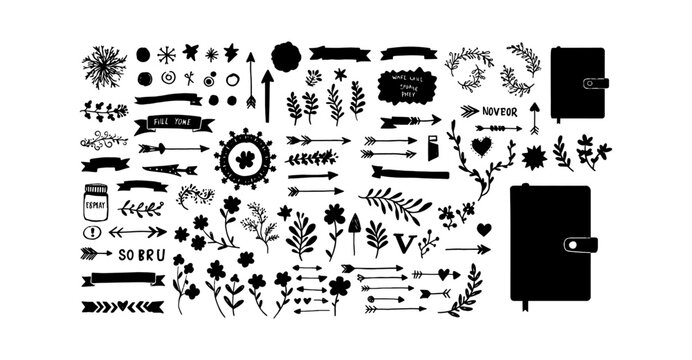 Collection of hand drawn doodle elements including banners arrows flowers stars and decorative frames for bullet journal planners and scrapbook designs isolated on transparent background, Vector