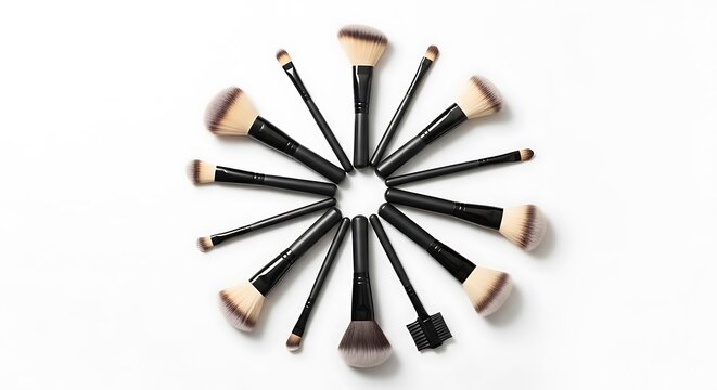 A collection of various makeup brushes with black handles and soft bristles arranged in a circular pattern on a clean white background
