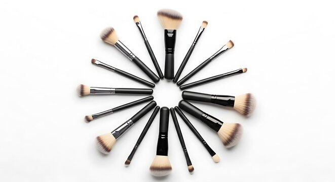 A collection of various makeup brushes with black handles arranged in a circular sunburst pattern on a clean, plain white background, for display