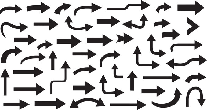 Collection of various black arrow shapes and pointing symbols for design projects isolated on transparent background, Vector