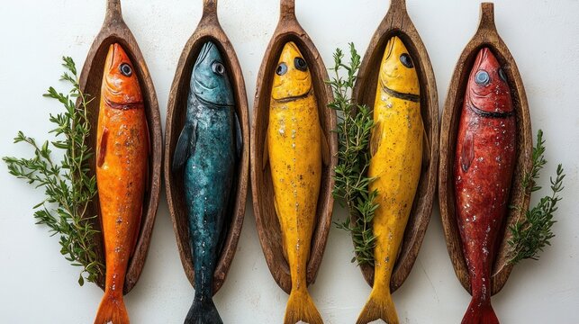 Decorative Vibrant Wooden Fish Carvings in Rustic Spoons with Fresh Herbs on White Background
