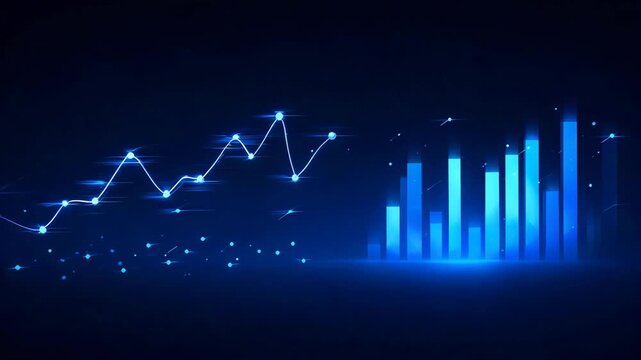 Blue Financial Bar Chart Growing Upwards with Digital Data Points During Nighttime Glow