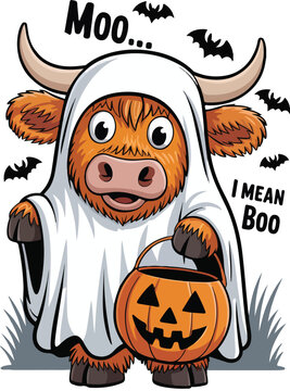 Cute Highland Cow Halloween Ghost Costume with Pumpkin Bucket

