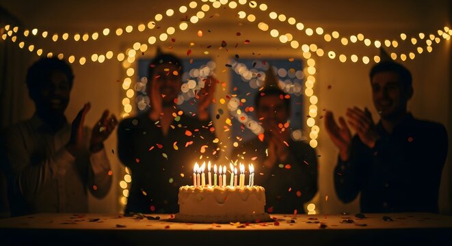 Friends celebrating birthday with cake and candles