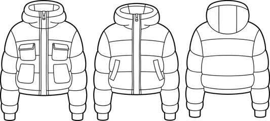 Flat vector puffer jacket fashion technical sketch front back hood quilted © MstBegum