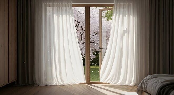 Room with open door and cherry blossom tree
