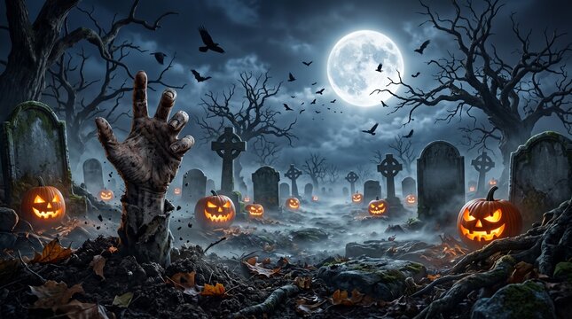 Spooky halloween graveyard scene with jack o' lanterns and zombie hand emerging from grave