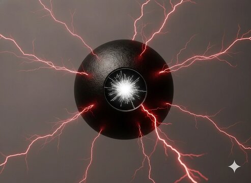 Generative AI macro of black metallic shell protecting glowing white spark from red lightning