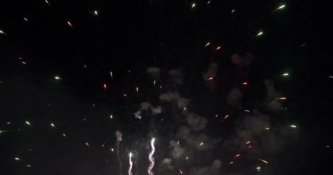Many Bursts Of Light As Firework Smoke Drifts Across Dark Night Sky In Provo Utah