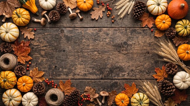 Festive halloween autumn arrangement pumpkins maple leaves pinecones and wheat on rustic wood background