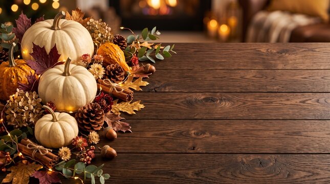 Festive halloween autumn still life pumpkins pinecones and fall foliage on rustic wood table