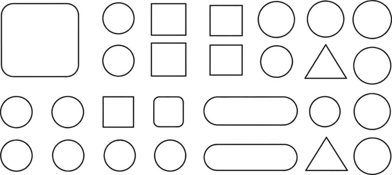 Set of simple black outline geometric shapes including circles squares triangles and rounded rectangles for user interface design elements isolated on transparent background, Vector