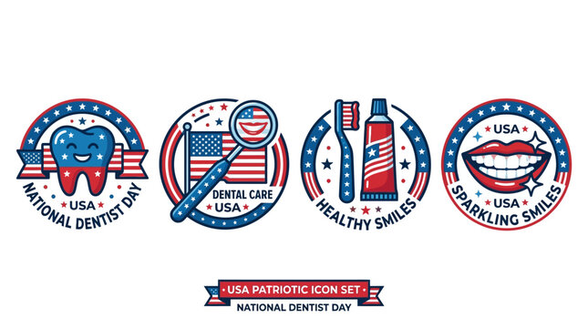 Patriotic dental icons showcasing American flags and healthy smiles