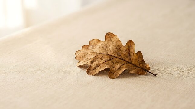 Dry Brown Oak Leaf on Beige Surface