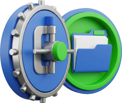 An open metallic safe with a blue dial and a green knob containing a blue folder filled with white documents vault security money finance banking storage confidential data