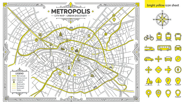 Metropolis City Map Urban Exploration with Icons and Symbols
