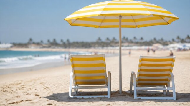 Two yellow and white striped beach chairs with umbrella on sandy beach