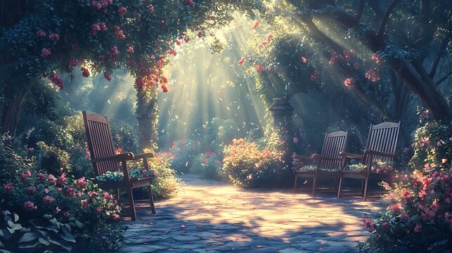 Sunlit rose garden path with benches