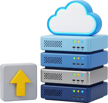 A stack of colorful networking devices topped with a glowing blue cloud icon and a separate upload arrow icon on a white surface technology cloud computing data server storage