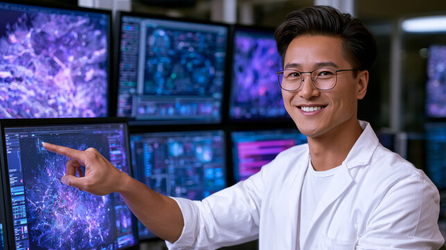 Young, good looking, smiling Asian male scientist touching with his index finger tip an AI touch screen in front of him for AI technology