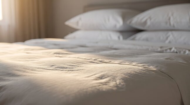 Cozy bedroom interior with soft white bed linens and morning sunlight.
