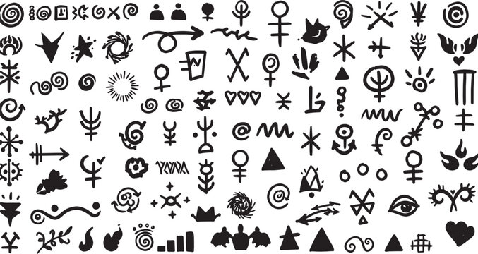 Set of black hand drawn ancient mystical symbols and magic signs for witchcraft and occult design isolated on transparent background, Vector