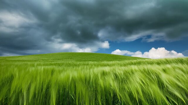 Waving Green Field Under Stormy Skies 4K Generative AI