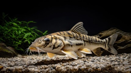 Fototapeta premium Striped Catfish Swimming in Freshwater Aquarium Environment