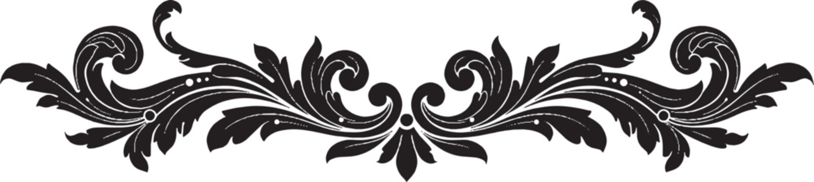 Black vintage floral scroll border divider with elegant ornate swirls and symmetrical leaves isolated on transparent background, Vector