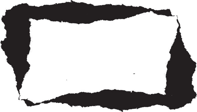 Black torn paper frame with a rough ripped edge and a rectangular hole in the center for design isolated on transparent background, Vector
