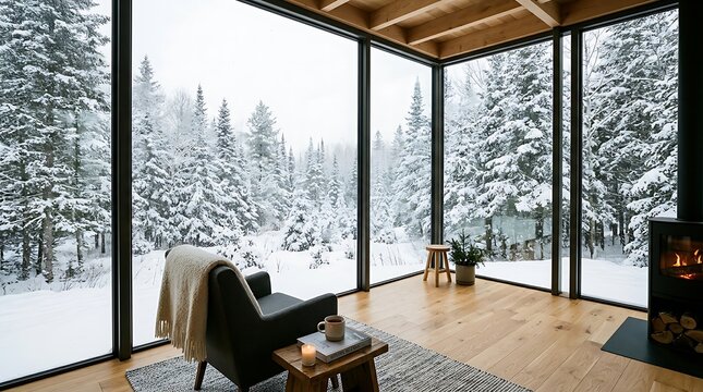 Cozy modern living room with fireplace overlooking snowy pine forest fireplace armchair interior christmas