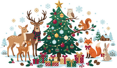 Naklejka premium Winter Christmas Forest Animals with Decorated Christmas Tree, Gifts and Festive Holiday Woodland Vector Illustration