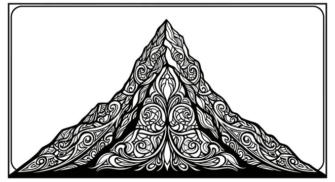 Stylized mountain peak with intricate decorative swirling patterns
