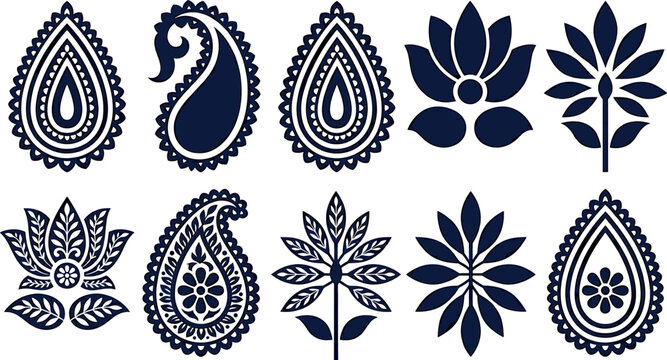 Traditional indian block print paisley and lotus flower vector motif set for ethnic textile fabric stamp pattern design