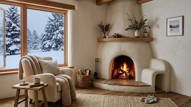 Cozy living room with kiva fireplace and snowy window view interior design fireplace interior armchair