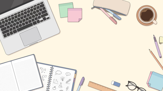 Top view of student desktop workspace with laptop, notebooks, and coffee