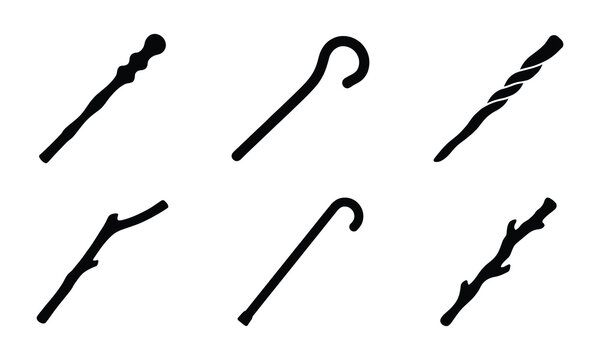 Collection of wooden walking sticks and staves in simple black silhouettes.