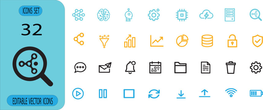 Set of 32 modern editable business technology interface line icons featuring analytics cloud security communication data management vector collection