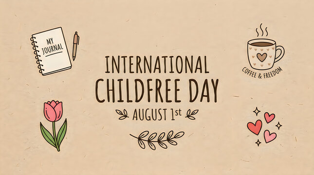 International childfree day illustration with coffee journal and floral elements
