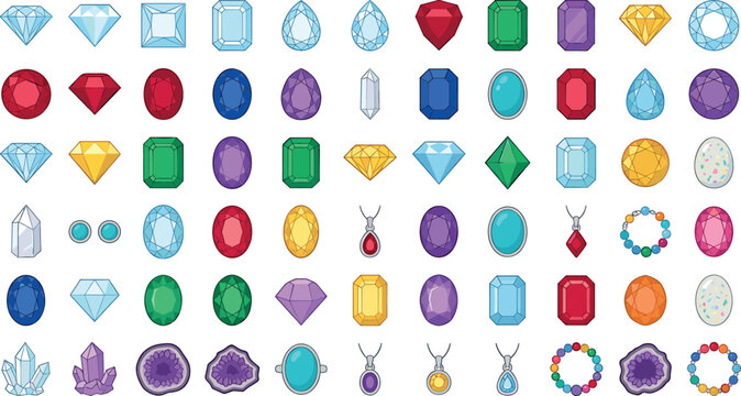 Precious gemstone and jewelry vector bundle featuring diamond cuts ruby sapphire emerald crystals pendants rings and bead bracelet icons