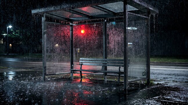 Empty bus stop shelter at night with rain and red traffic light reflection.