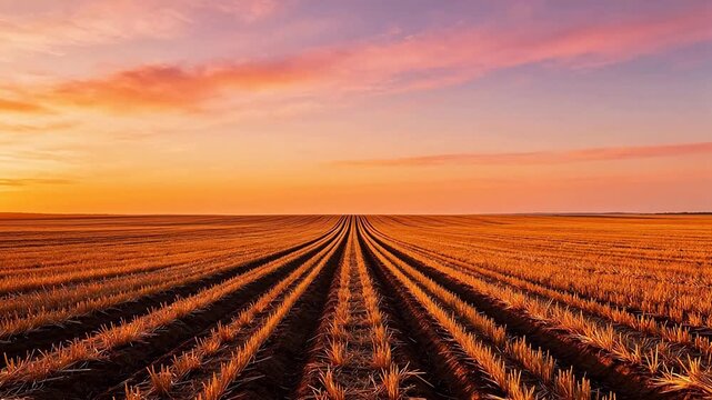 Rows of harvested field under sunset sky