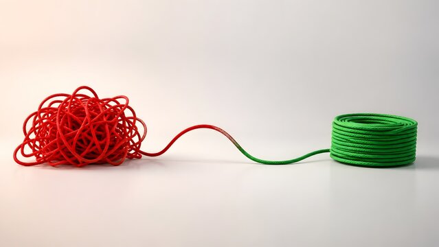 Tangled red wire untangling and transforming into a neat green spool representing problem solving and business simplification