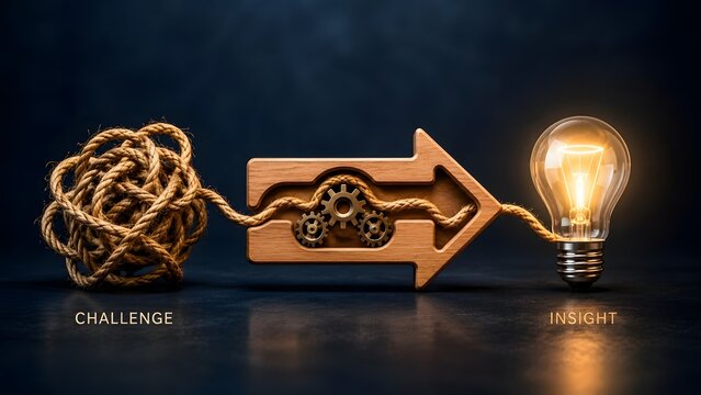 Untangling a complex knot into a straight line with gears and glowing light bulb representing problem solving and creative insight