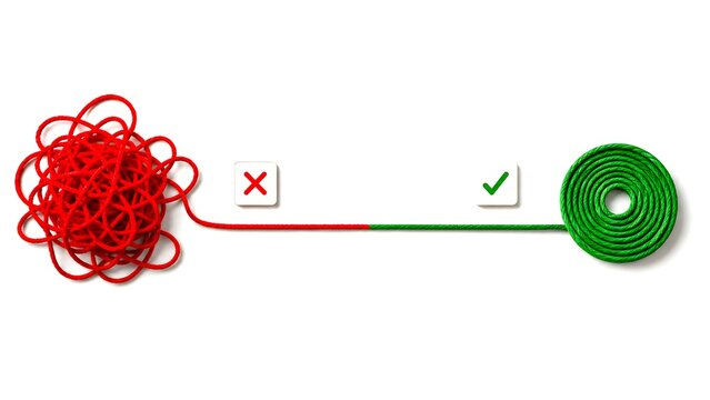 Tangled red thread transforming into a perfectly organized green coil with checkmark representing moving from chaos to order and problem solving