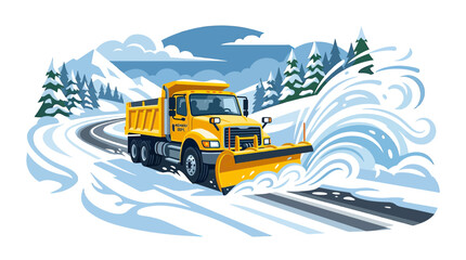 Yellow Snow Plow Truck Clearing Snowy Road in Winter Mountain Landscape © Tanir