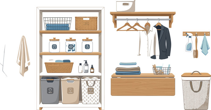Home organization vector icon set with laundry room storage shelves, clothes hangers, wicker baskets, and hampers for interior design marketing layout